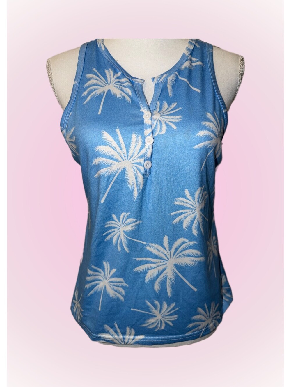 Womens Size Medium SHEIN Blue & White Palm Tree Sleeveless Tank Top